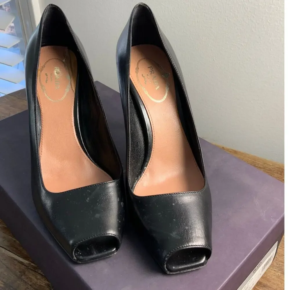 Prada Capretto Pretty‎ Nero Authentic Black Peep Toe Pumps size 37.5 - Picture 2 of 9
